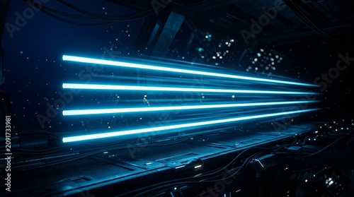 Futuristic neon light beams glowing through dark industrial corridor for sci fi concept background featuring high tech aesthetics and cyberpunk lighting style in cinematic depth