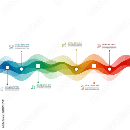 Colorful timeline infographic with icons and editable text boxes on white background