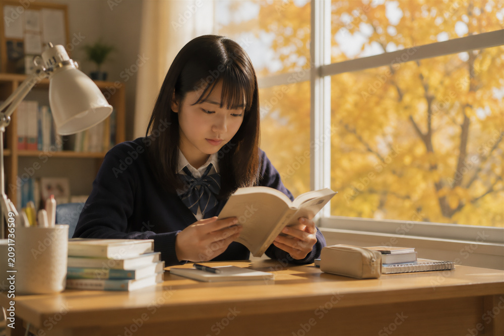 Obraz premium 秋の受験勉強 窓辺で参考書を読む女子高校生