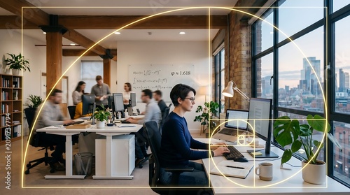 Focused Woman Working at Computer in Modern Open Plan Office with Golden Ratio Overlay