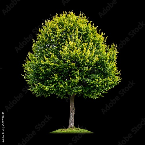 Lush Green Tree Standing on Small Grass Mound Against Black Background