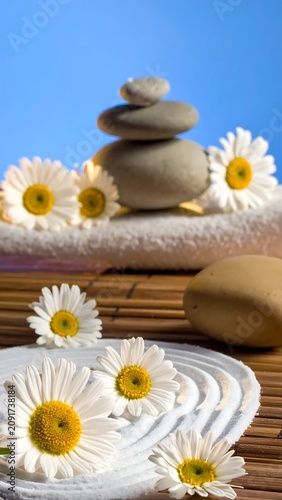 Serene Spa Stones Stacked with White Daisies on Towels and Bamboo Mat