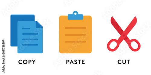 Fotografi Copy Paste Cut Icons, Clipboard Document and Scissors UI Symbol