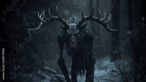 Tall dark spooky figure in a misty woodland