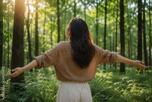 Young Asian Woman Standing in Forest with Outstretched Arms