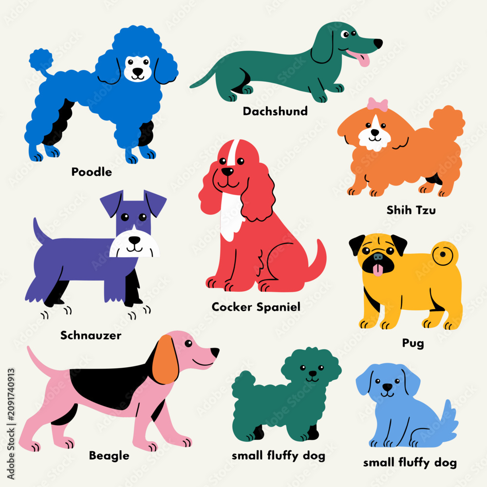 Fototapeta premium Set of colorful cute dog illustrations on a beige background