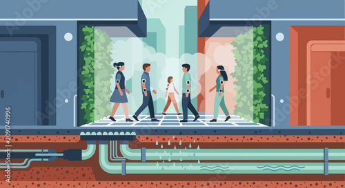 People walking near modern building with underground utility pipe systems