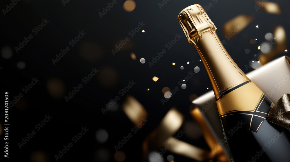 Fototapeta premium A close-up of a gold-foiled champagne bottle against a dark background, surrounded by shimmering gold confetti and sparkles.