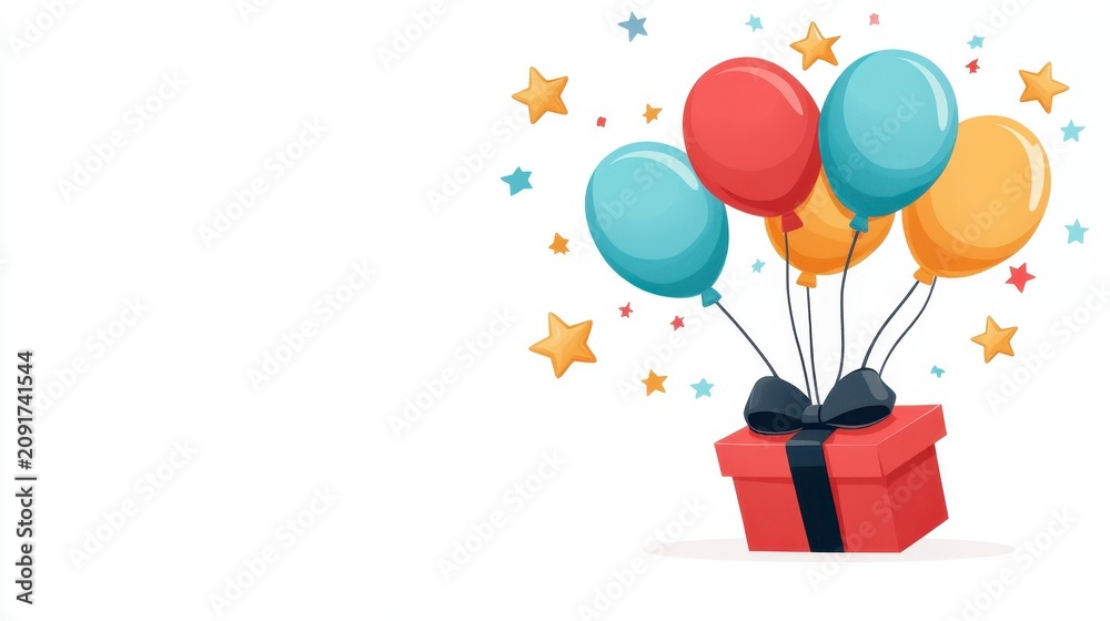 Fototapeta premium A red gift box with a black ribbon is attached to five colorful balloons, surrounded by multicolored floating stars on a white background.