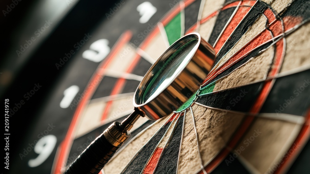Obraz premium A magnifying glass focuses on the bullseye of a dartboard, showcasing its vibrant colors and details.