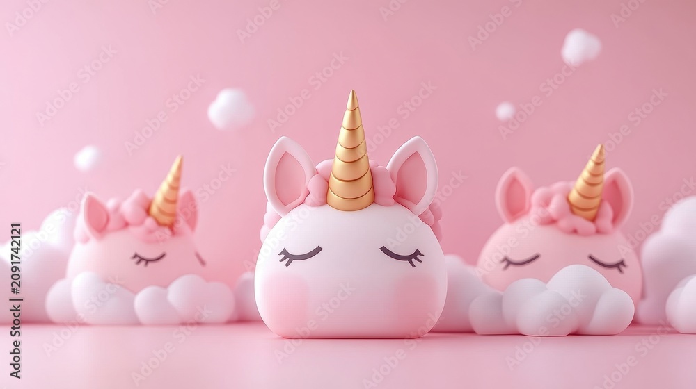 Obraz premium Three adorable pink unicorns with golden horns and closed eyes rest on soft white clouds against a pastel pink background.