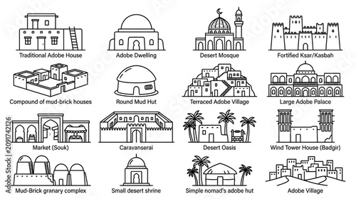 Foto Collection of Traditional Adobe Architecture and Desert Buildings Line Art Icons
