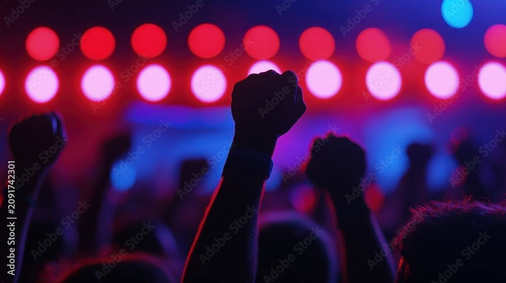 Fototapeta premium Silhouetted fists are raised in celebration against a backdrop of colorful red and blue stage lights at a vibrant concert.