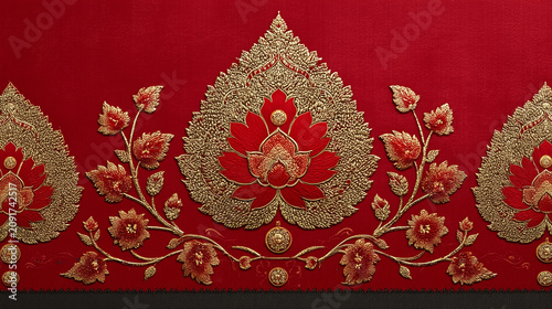 Thai silk inspired pattern, traditional textile motifs, rich gold and red colors, authentic Thai craftsmanship, seamless decorative background