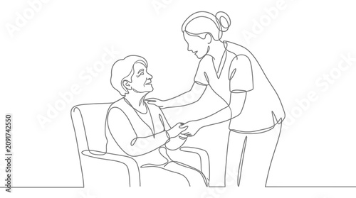 Continuous line art of nurse caring for elderly woman, minimal line drawing of caregiver and senior patient, vector illustration for medical care banner