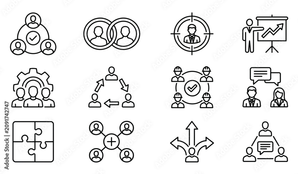 Fototapeta premium ​Business teamwork and human resources vector icons set isolated on white background flat corporate collaboration illustration leadership team communication line design