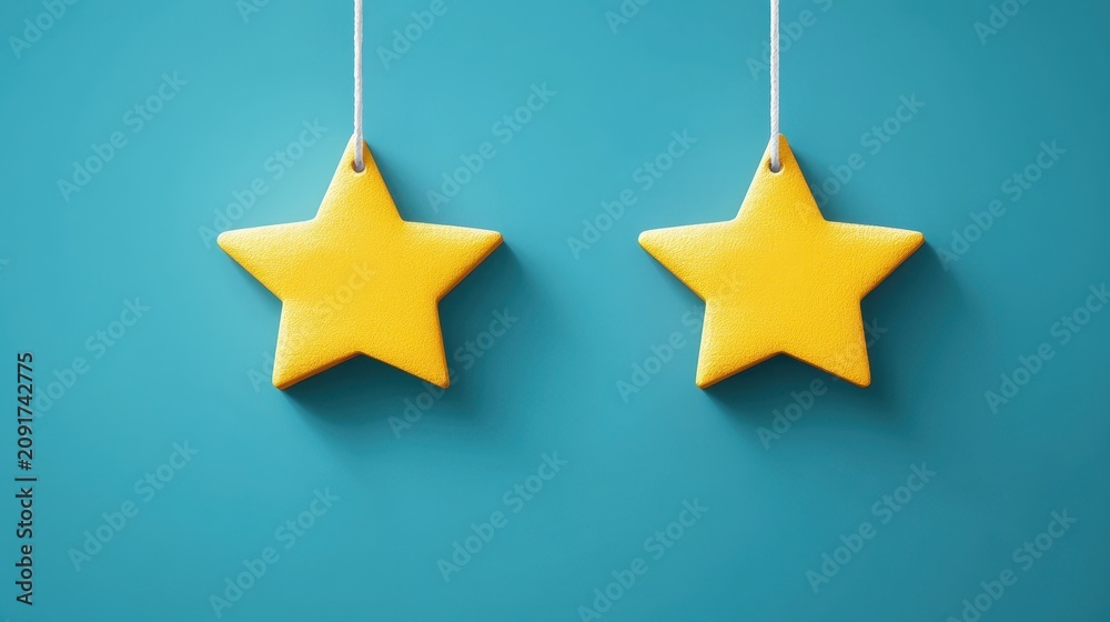 Fototapeta premium Two yellow star-shaped ornaments dangle from white strings against a teal background, creating soft shadows.
