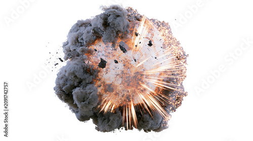 Vászonkép Intense fiery explosion with dark smoke and debris, isolated on transparent back