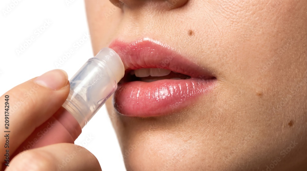 Naklejka premium Woman Applying Clear Lip Gloss from a Small Roller Applicator on Her Hydrated Lips