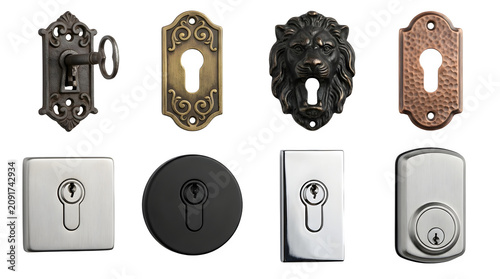 Vintage and modern door keyholes set, antique brass and chrome escutcheon plates collection, ornamental metal keyhole covers for interior design