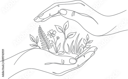 Minimalist continuous line drawing of hands protecting growing plants, eco-friendly nature conservation concept, botanical garden line art vector