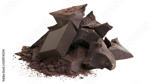 Foto Dark chocolate chunks and powder, isolated on transparent background