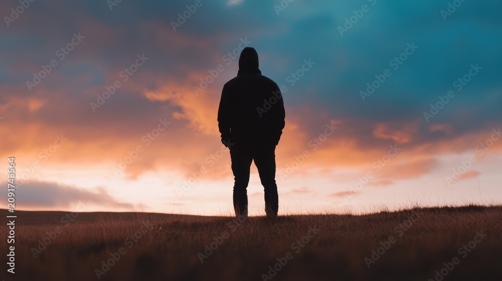 Obraz premium A hooded figure stands on a grassy hill, silhouetted against a vibrant sunset sky.
