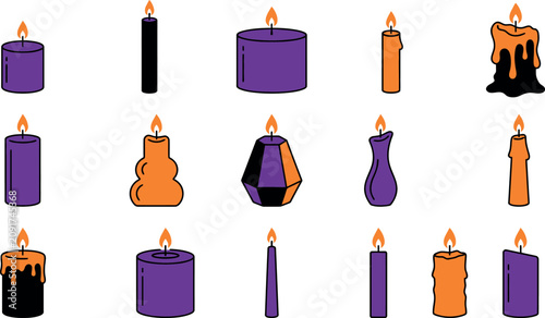 Halloween day candles collection spooky orange and purple flame lit decor elements