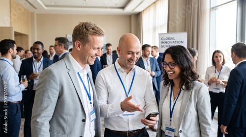 Three professionals with conference lanyards laugh together while looking at a phone at a networking reception, with a 