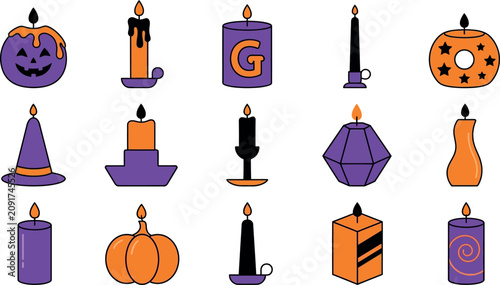 Halloween day icons jack o' lantern witch hat candles and pumpkin elements