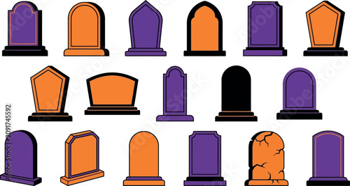 Halloween day tombstones collection orange and purple grave markers for spooky decorations