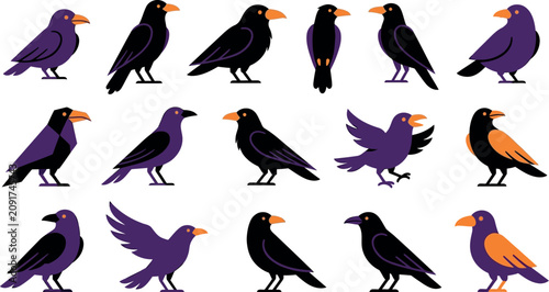 Halloween day ravens and crows collection vector illustrations for spooky designs