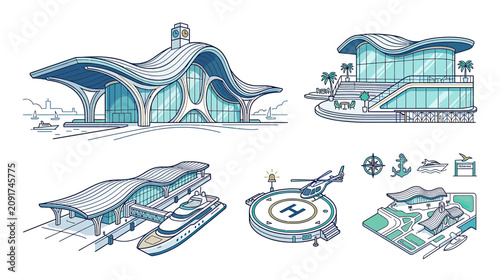 Bild auf Leinwand Modern Luxury Architecture: Yachts, Heliport, and Futuristic Buildings