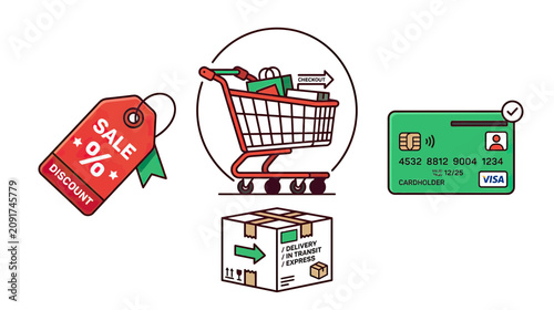 Εκτύπωση καμβά Online Shopping Concept: Cart, Credit Card, Sale Tag, Delivery Box