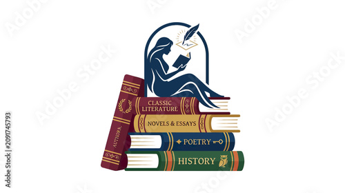 Foto Silhouette Woman Reading Books Stacked High, Literature and Knowledge Symbol