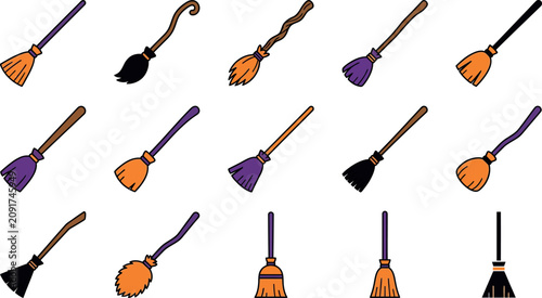 Halloween day broom collection diverse witch broomstick illustrations for spooky celebrations