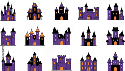 Halloween day castle collection spooky vector illustrations for festive designs