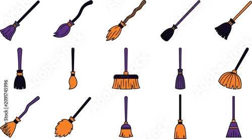 Halloween day witch broom collection diverse styles for spooky season designs