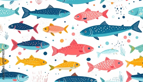 Abstract multi-colored fish school seamless pattern design.