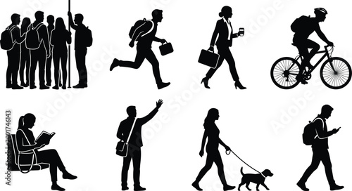 People commuting black silhouette vector bundle featuring citizens walking cycling running and riding public transport isolated on white background