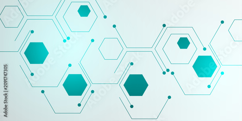 Abstract interconnected hexagonal geometric pattern with digital data points, illustrating complex network connections and technological innovation