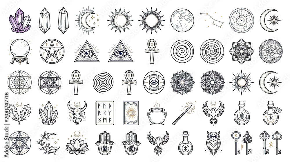 Fototapeta premium Esoteric Symbols Collection: Mystical Icons, Astrology, Alchemy, Magic, Crystals