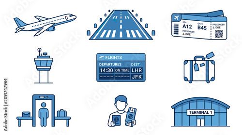 Fényképezés Airport Icons Set: Airplane, Runway, Ticket, Control Tower, Flight Board, Luggag