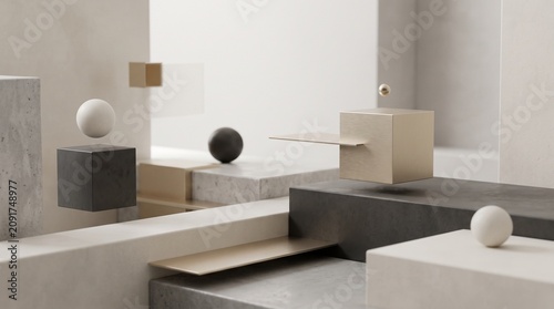 Abstract 3D geometric shapes on minimalist concrete platforms