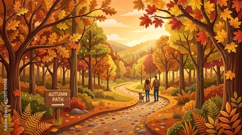Autumn forest path with a couple and dog