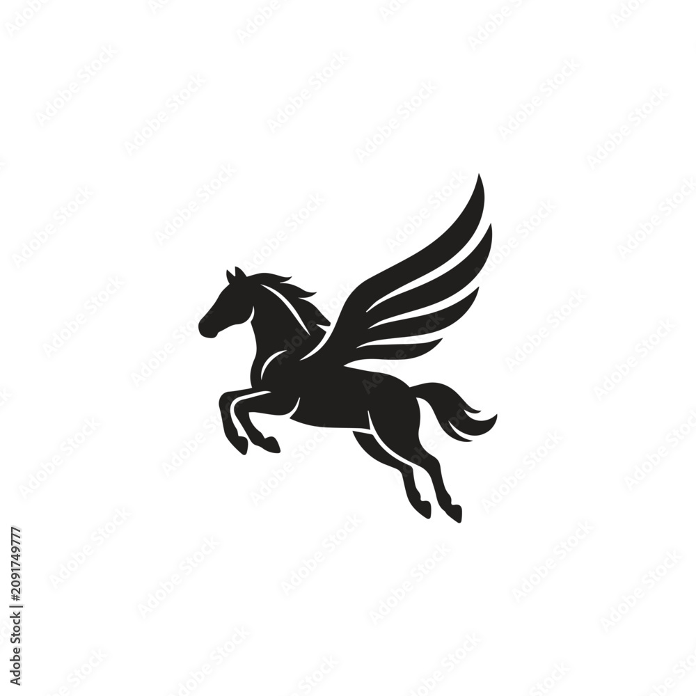 Fototapeta premium Minimalist pegasus horse icon with wings in flight mythical silhouette