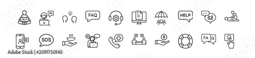 Fotografie Helpline assistance line icons set, online service desk, urgent sos alert, chat assistant, lifesaving ring buoy & more vector illustration with editable stroke
