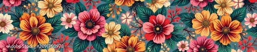 Hand-drawn floral & leopard skin, natural color seamless repeat, artwork, illustration