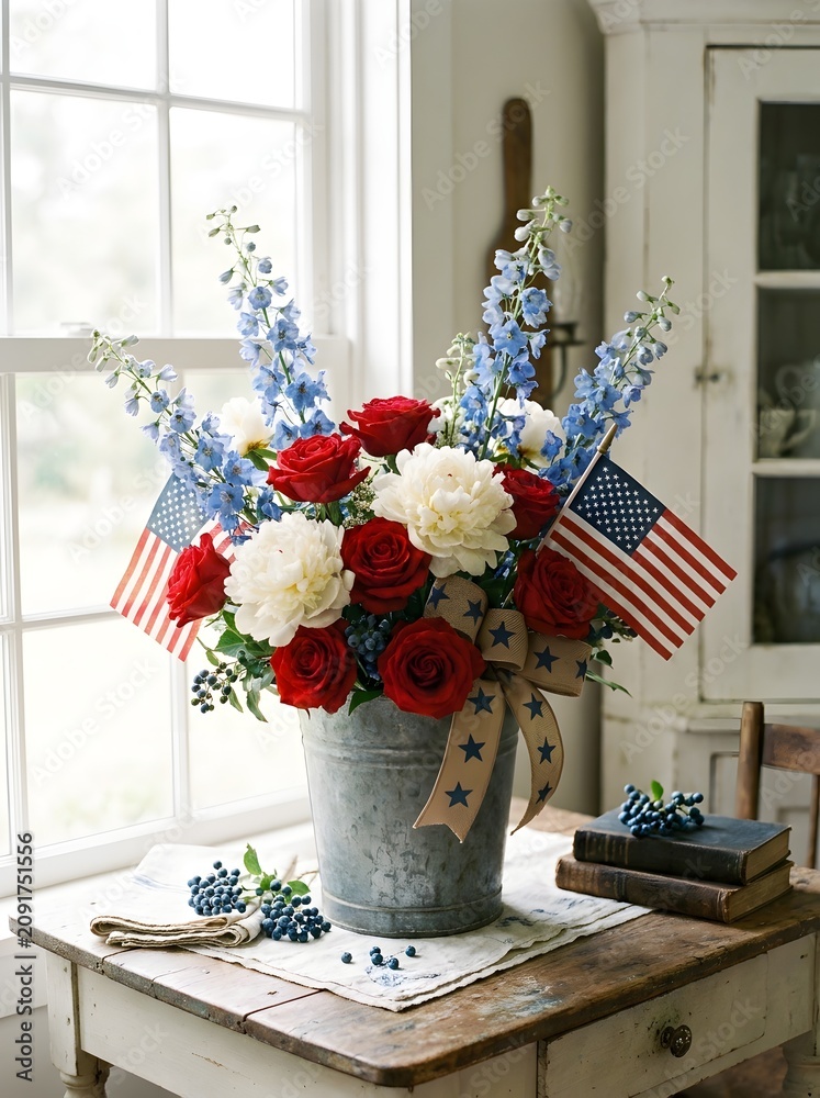 Fototapeta premium A rustic wooden table adorned with a weathered metal bucket filled with vibrant red roses white peonies and blue delphiniums surrounded by small blueberries an American flag and a star