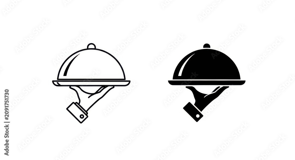 Fototapeta premium Waiter Hand Holding Food Tray with Cloche Icon Set, Outline and Solid Silhouette Vector Illustration for Restaurant Service